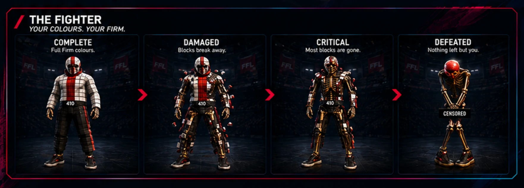 FFL fighter lifecycle showing complete, damaged, critical and defeated states